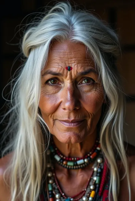 Photo of a dark-eyed, penetrating Indian woman with slightly tanned fair skin aged 60 with indigenous paint on her face ,   with long white hair with light black highlights with indigenous clothing and a beautiful tuft holding her hair at the height of her...