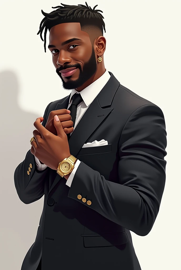 Anime style a 25-year-old black boy,  with a charismatic smile , well-groomed beard, wearing an elegant modern suit ,  poses in a studio with a white background . Hold a war nail on the left shoulder ,  with your right hand holding a gold watch .  Gold acc...