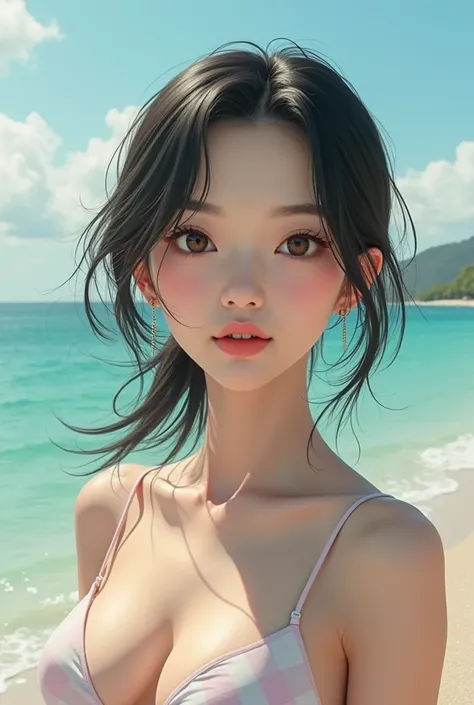 A Japanese girl, 30 years old, Measures( senos medianos,  small waist ,  thick legs , shaped buttocks ), Shoulder-length black hair,  light brown eyes, side stop, The full body can be seen,  beach background, with bikini