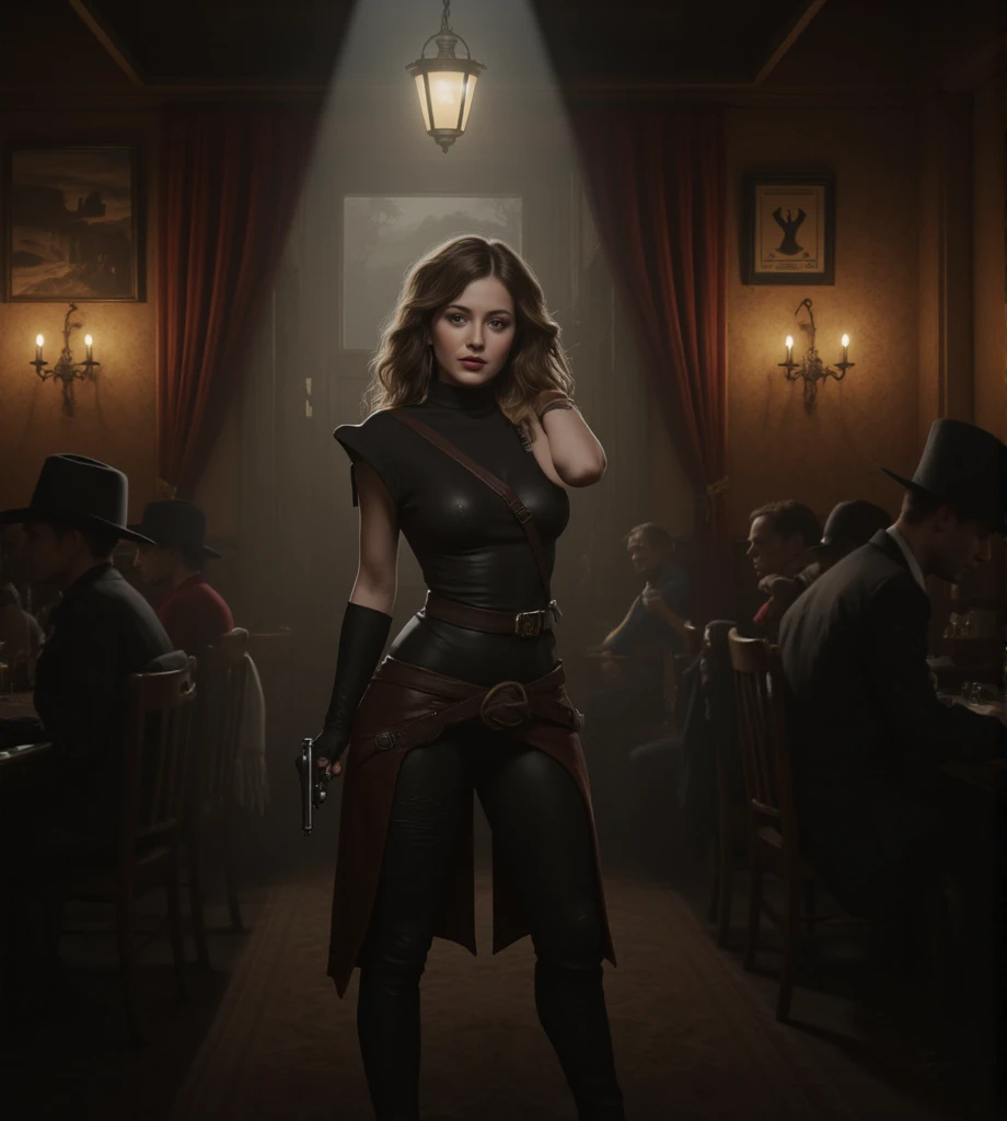 A mysterious and fearless female gunslinger stands poised in the shadows of a dimly lit, smoke-filled saloon, her piercing gaze locked onto the Colt Anaconda revolver in her steady hand, the air heavy with electric tension and the promise of a showdown at ...