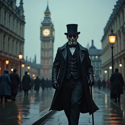 A person walking in the rain in London in the 19th century with a suit and a mask and a top hat and him holding a cane and it was raining the day I want the guy in front of the Tower of London the clock there