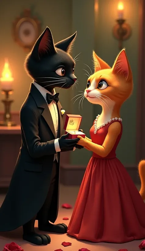 Tall black cat in dress clothes delivers ring to his girlfriend orange cat in a red dress