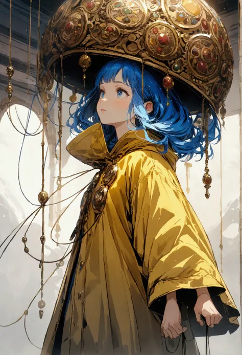 A large round gold-colored one from which a girl with short blue hair hangs wearing a yellow raincoat from a thread. 