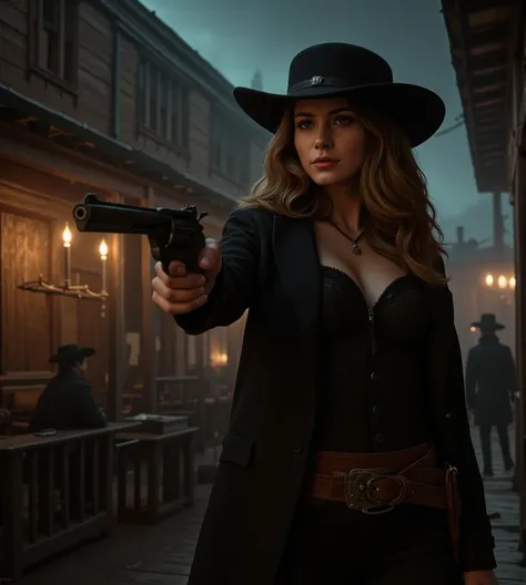 A mysterious and fearless female gunslinger stands poised in the shadows of a dimly lit, smoke-filled saloon, her piercing gaze locked onto the Colt Anaconda revolver in her steady hand, the air heavy with electric tension and the promise of a showdown at ...