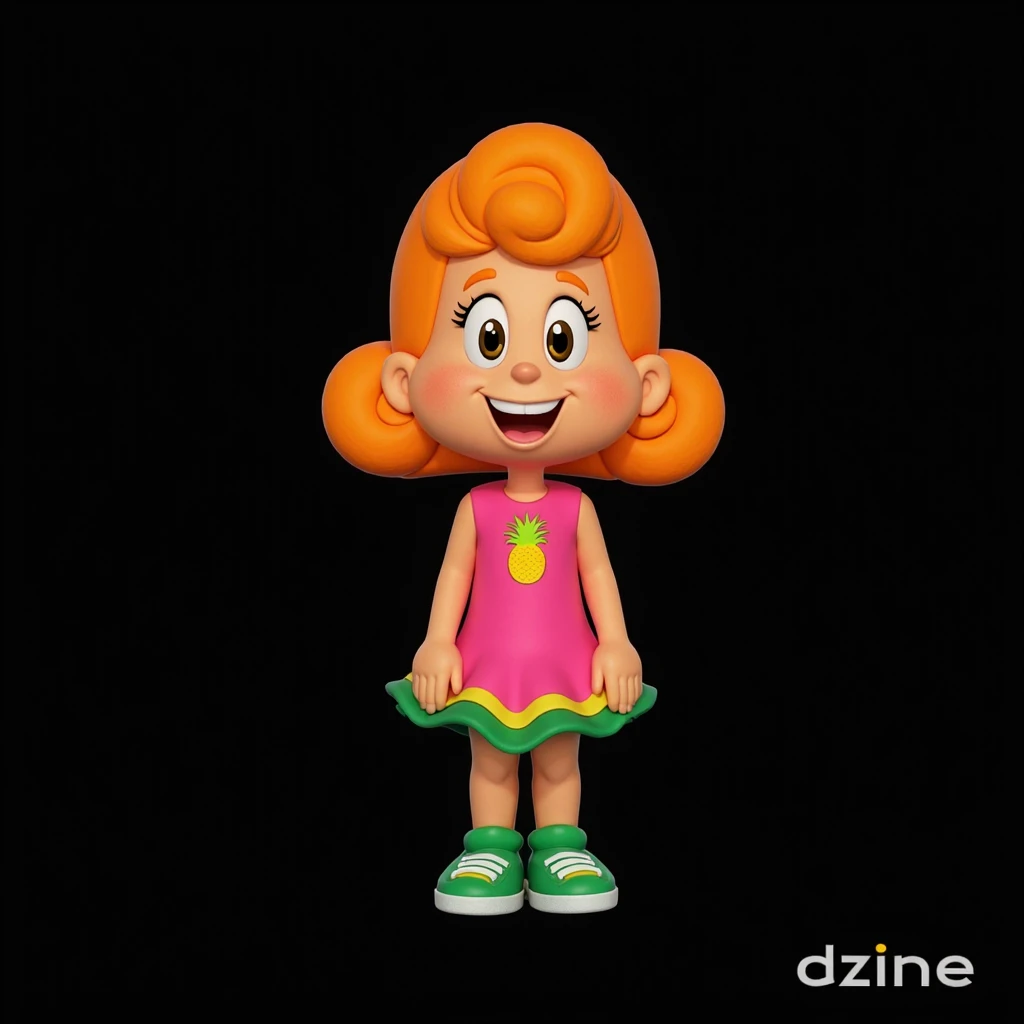  Create a 3D character with the following characteristics :
 Clear skin with a light pink tone .
 Vibrant orange hair with a voluminous shape ,  wavy and characteristic ,  design with well-shaped .
 Friendly and smiling facial expression ,  large brown eye...