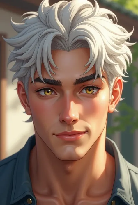 A man with white hair, golden eyes, cute, soft and nurturing. playful face Handsome young man