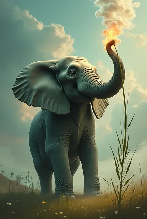 Elephant smoking grass