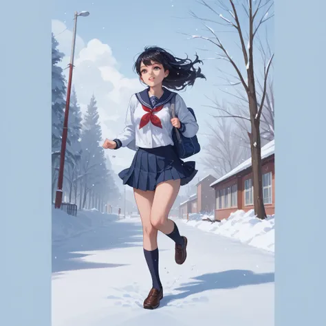 School, snow, run,  school uniform ,  super detailed,  top quality