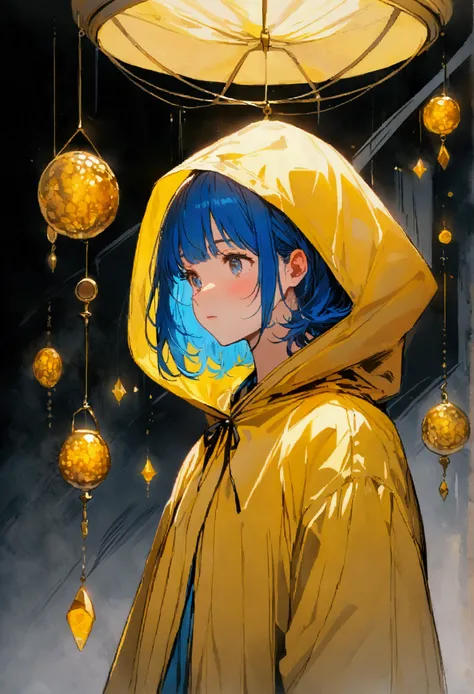 A large round gold-colored one from which a girl with short blue hair hangs wearing a yellow raincoat. 