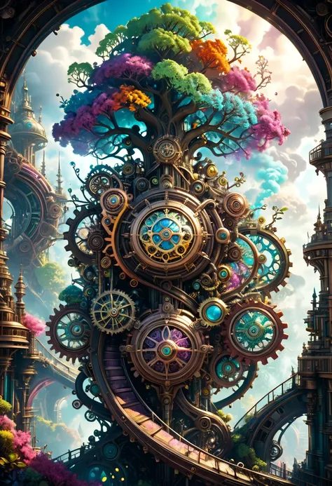 A dreamlike surreal tree of life, colorful ethereal smoke, insane hyperdetailed intricate steampunk details, intricate machinery, highly detailed gears, complex mechanical parts, vivid colors, dramatic lighting, cinematic atmosphere, photorealistic, 8k, be...