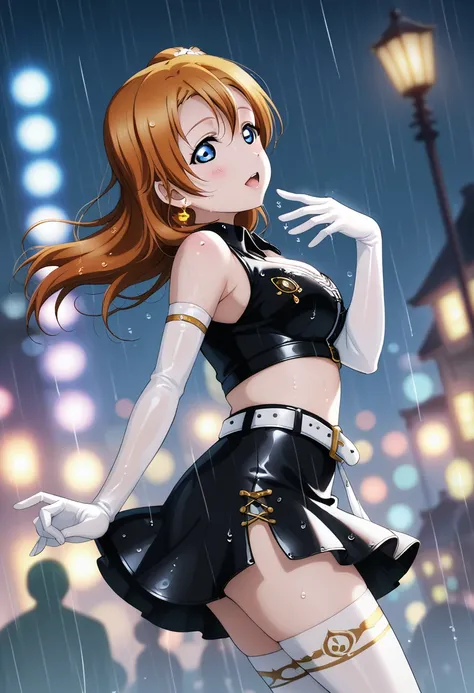 (Masterpiece, Best Quality, High Quality), realistic anime style, love live,kousaka honoka , kousaka honoka,id_honoka_kosaka,love live, blue eyes, orange hair, 8k wallpaper, golden earrings, night,rain,wet , erotic figure, (blushing:1.2),black skirt , blac...