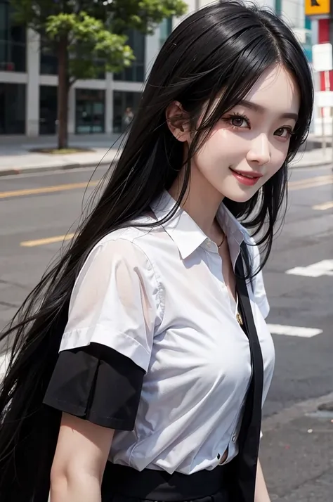   long black hair,  Korean woman in her 20s ,  big ,   beauty , smile