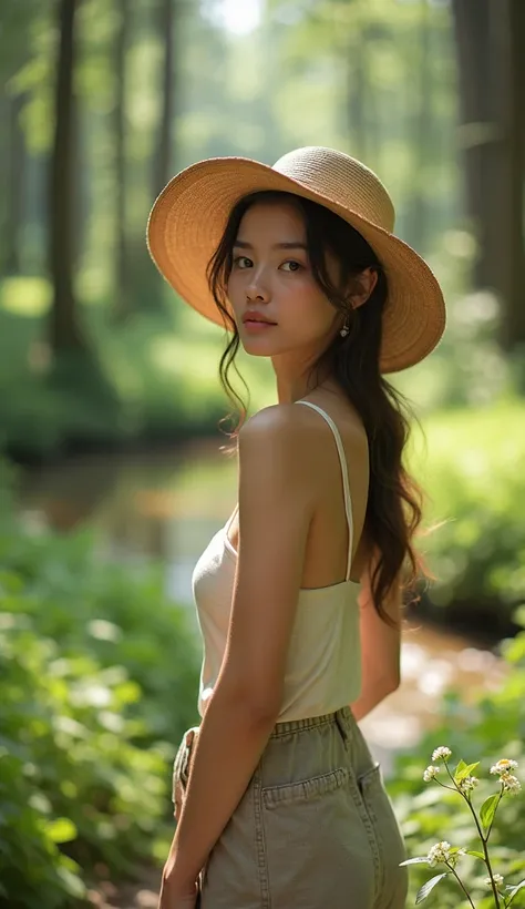 A thin girl, 20 years old, posing for Instagram in a hat in nature