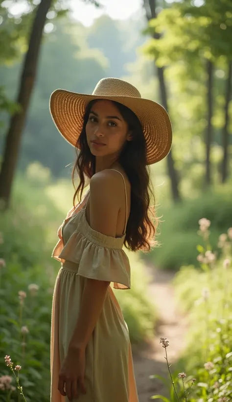 A thin girl, 20 years old, posing for Instagram in a hat in nature