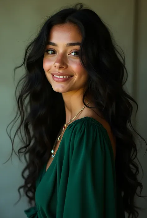 A 22 years old girl with black eyes and short dark green  gown and long black curly hair and one dimple on left cheek and pretty smile  full body photo 