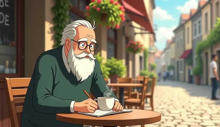 Image Style: Studio Ghibli art style
Size: Fullscreen
Character Description: John is an elderly, thin, American man with a full white beard, light blue eyes, and thin white hair combed back.
Action: John sits at a small café table in the late morning, sipp...