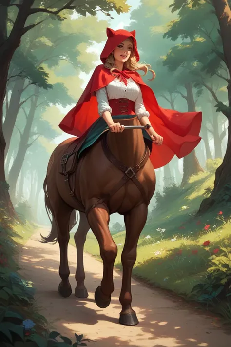  Little Red Riding Hood sitting on a centaur, walking along a forest path 