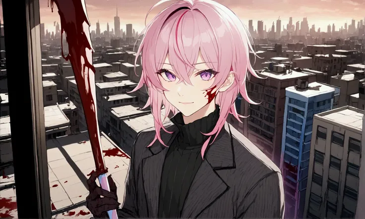 (masterpiece, best quality), 1male, cute and beautiful male, Short hair, pink hair, puple eyes, beautiful detailed eyes, city, apocalypse, Holding bat, blood on face, blood on bat, looking at viewer,natural lighting, vibrant colors, cinematic lighting, sof...