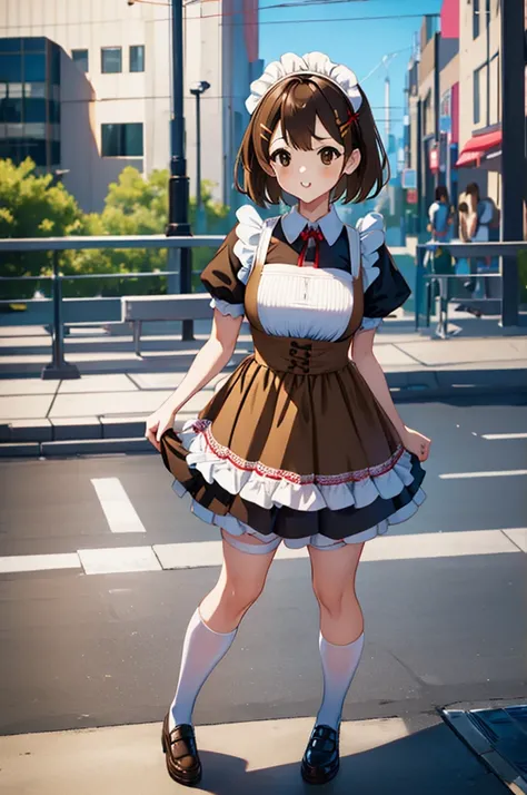 a cute girl,solo ,sexy,yui hirasawa, short hair, brown hair, hair ornament, (brown eyes:1.5), hairclip,medium breast,eye makeup,shy ,embrassed ,cute red face,wearing a japan maid dress,bike shorts, shorts under dress, black overknee socks ,maid shoes ,stan...