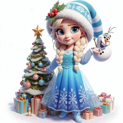 Anna the Frozen, as a girl, in Christmas style ,  with a Christmas tree and gifts. all in full view ,  white background