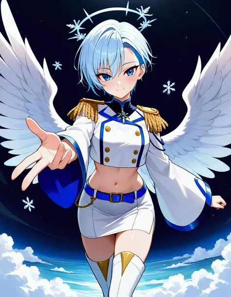 1girl, slender, solo, light blue hair short hair undercut hair, blue eyes, (tsurime), closed smile, glossy white jacket with blue lines, cropped jacket wide sleeves jacket high-neck jacket, epaulettes, stomach, (white skirt with blue belt), (low-leg skirt)...