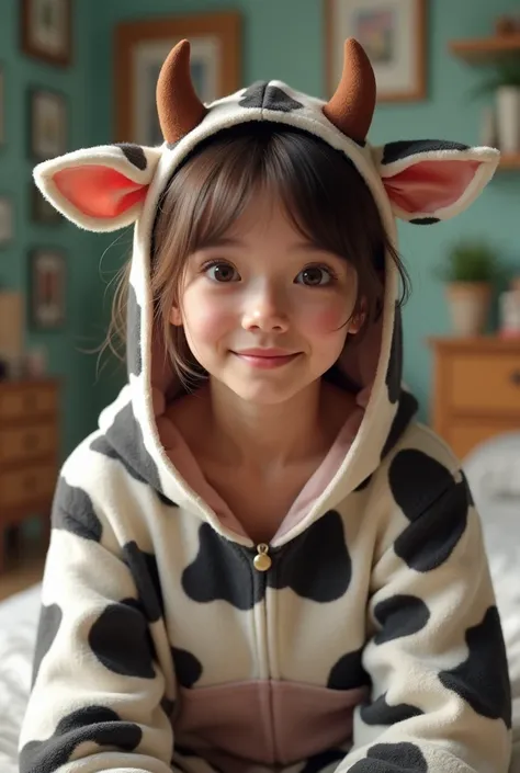 Girl streaming in her room dressed as a cow in realistic style 