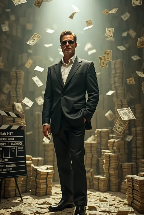 Stacks of money on a movie set, with elements like a clapperboard and a film reel to highlight his career earnings. Brad pitt standing in middle, money bills floating in the air