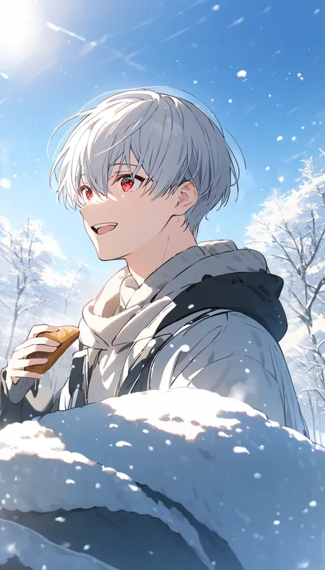  handsome, Alone, 1 male, Gray Hair, Red eyes,  shirt,  black and white hooded, noon,  white light ,cute目, Short Hairstyle ,cute,Falling from the sky,綺麗なwinterの空,winter, sparkling scenery, bright , blue sky, looking at camera,smile, laughing in front of th...