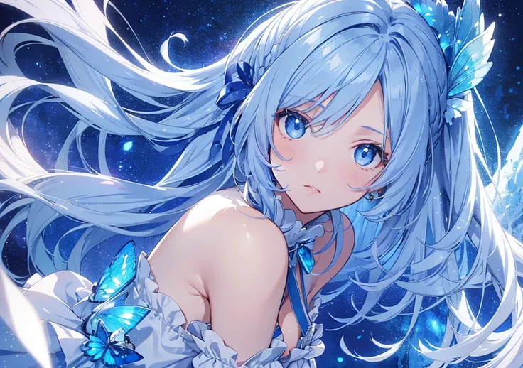 Blue Moon Fairy
Hair color: Light blue
Prompt: Her hair is a clear light blue like the blue sky, tied with a thin ribbon. The girls eyes are deep sapphire blue, and silver accessories are scattered in her hair. The background is a fantastical landscape wit...