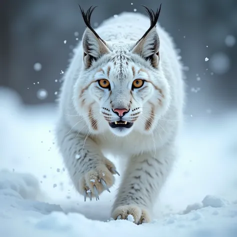 A photorealistic image of a white lynx in the snow, its fur covered in snowflakes, eyes wide and intense,  running towards the camera,  sharp focus, 8k resolution, cinematic lighting,  winter wonderland setting.
