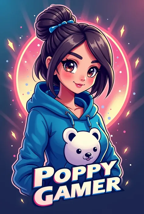 Create a mascot logo using a female gamer mascot wearing a blue and white hoodie with a bear design and the words “POPPY GAMER” below.