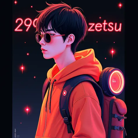 Drawing of  korean style  male 27 years old , handsome , casual  hair black , water color , neon , back pack ,facing LEFT ,wearing red orange attire sunglasses , add Circle on back ,on black construction paper,  good, half body drawing, unfinished, 4K, oct...