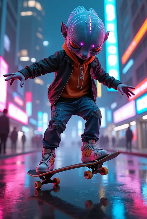 Design a poster "A futuristic alien with an oversized head, dressed in stylish streetwear, performing a skateboarding trick in a glowing sci-fi cityscape. The aliens unique features, including luminous skin and intricate patterns, are illuminated by vibran...