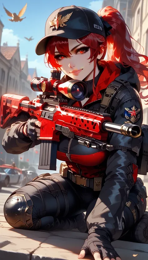 ultra-detailed, 1girl, solo, ((masterpiece)), (best quality), (highres), 16K, red eyes, red hair, long hair, cap, wearing tactical clothes, fingerless gloves, tactical belt, knee pads, black thong, thighhighs, sneakers, busty body, large breasts and a beau...