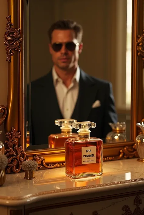 An elegant bottle of Chanel No. 5 on a luxurious vanity with Brad Pitt in the reflection of a mirror.