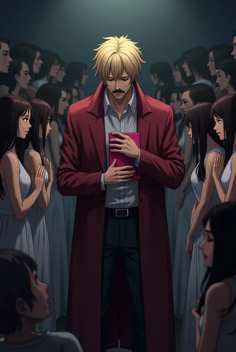 A crowd of beautiful girls bow to a beautiful sleek blonde mustachioed sad guy with his head bowed in a dark red long hanging raincoat with a pink book in his hands, pressed to their chest , anime art