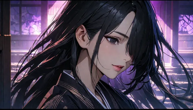 mature female, black hair, long hair, straight hair, hair over one eye, black eye, gothic traditional japanese clothes,  japanese temple, (best quality,4k,8k,highres,masterpiece:1.2),ultra-detailed,dramatic lighting,dramatic shadows,cinematic composition,i...