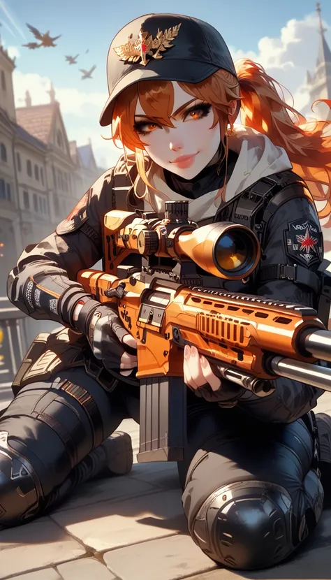 ultra-detailed, 1girl, solo, ((masterpiece)), (best quality), (highres), 16K, orange eyes, orange hair, long hair, cap, wearing tactical gear, fingerless gloves, tactical belt, knee pads, black thong, boots, busty body, large breasts and a beautiful ass, s...