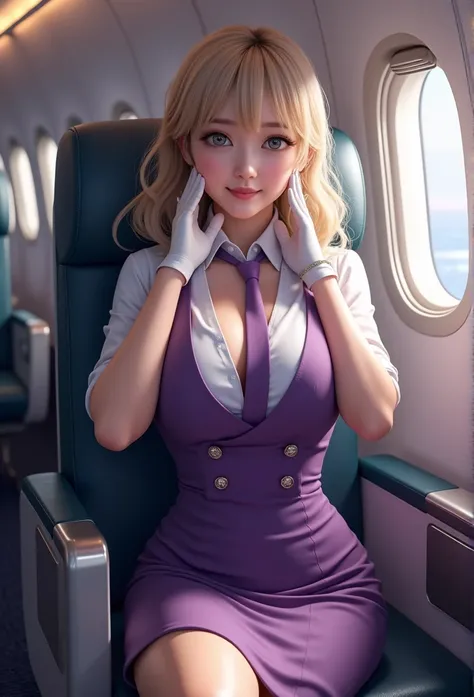 ((( spread legs 、)))、(((whole body,Includes legs 、Sit down, and spread both legs )))、((( Japanese stewardess perfect, Purple,tie, Purple背心、Purple小帽子, (黑色 heels ), Smile, white shirt , tight top 、PurpleTight skirt))), White gloves, Short gloves,  heels 、(((...