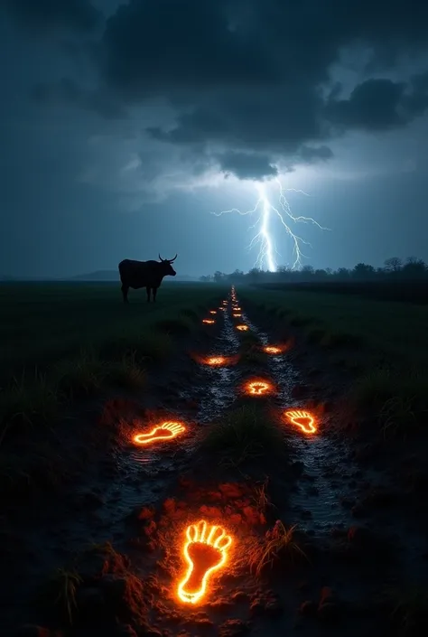 
" A violent storm at night on a farm , with lightning lighting up the sky.  Burnt footprints appear on the ground in a dark and muddy field. In the background, the shadow of an ox disappearing into the dark ."
