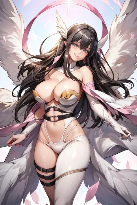 YUJU, GFRIEND, KPOP, (black hair1.5), blue eyes, nipples, looking at viewer, smile, big breasts, bed room, ((white angel wings)) , pink ribbon, ribbon, angel wings, angewomon, asymmetrical clothes,o-ring, white suit, mutilple wings