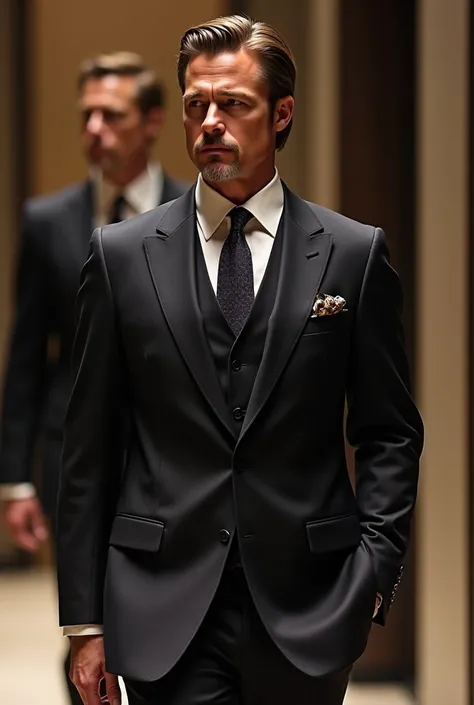 A tailored Brioni suit on display, with Brad Pitt walking confidently in the background.