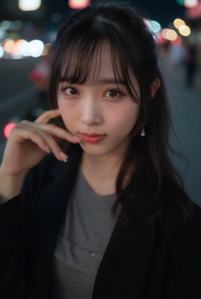 A cute asian woman with bangs is looking up at the camera. The woman has long and wavy red eyebrows. The light is reflecting off of the womans eyebrows and nails can be seen. She is wearing a black jacket over a gray t-shirt. The background is blurred, but...