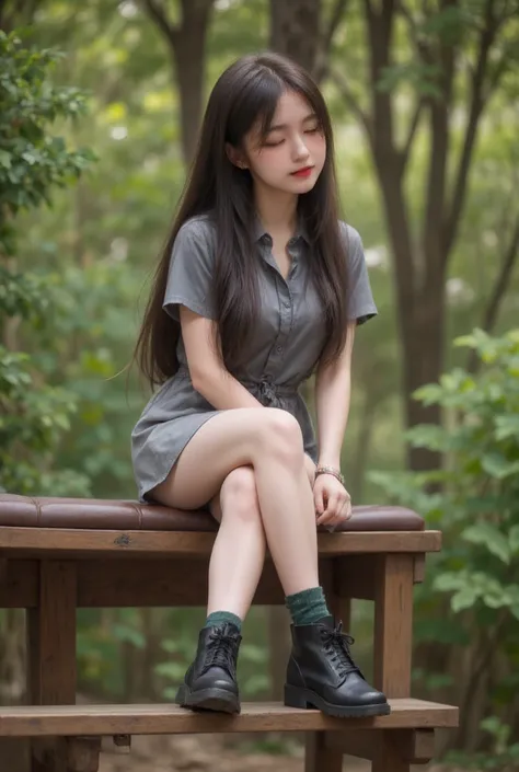 4K photo a young Asian woman is seated on a wooden bench in a forested area. She is dressed in a short-sleeved gray shirt and a gray skirt, adorned with a silver bracelet. Her long, dark brown hair is cascading down her shoulders, framing her face. Shes we...