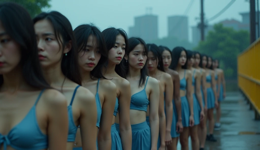 A cinematic scene featuring a long line of young asian women outdoors in a slightly rainy and moody environment. The women are wearing short, blue bras with short, blue skirts. They are lined up side by side, looking down with sad expressions and crying. T...