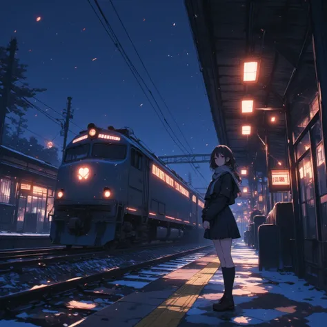 A quiet rural train station at night, a lone high school girl in winter attire standing on the platform, wearing a traditional sailor-style uniform with a scarf wrapped around her neck. She gazes towards the departing train with a bittersweet expression, e...