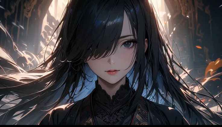 mature female, black hair, long hair, straight hair, hair over one eye, black eye, gothic traditional japanese clothes, (best quality,4k,8k,highres,masterpiece:1.2),ultra-detailed,dramatic lighting,dramatic shadows,cinematic composition,intricate details,r...