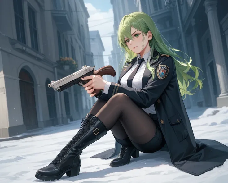 A woman. She 30 years old. Amilitary soldier. She have cold expression. She wearin white shirt,black pants,long boots,long,black coat and black tie. She holding a gun. She have straight,BLACK,long hair and green eyes. She is tall