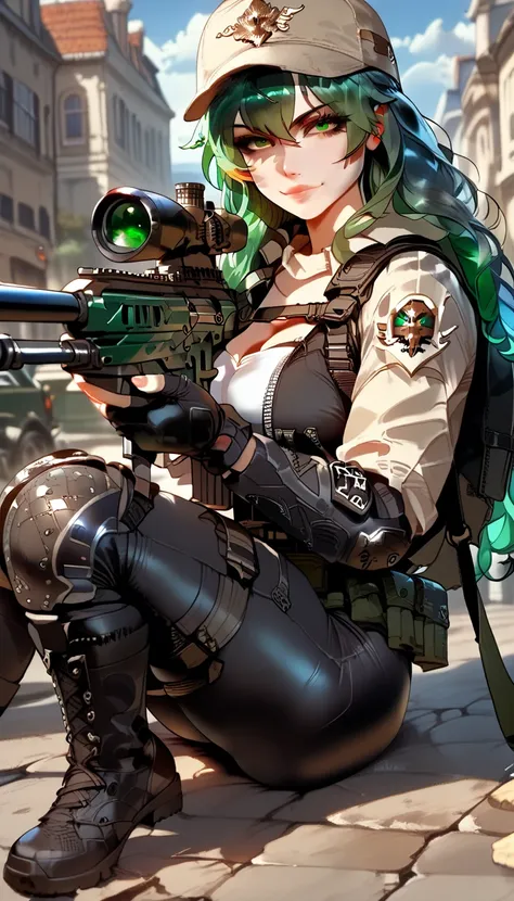 ultra-detailed, 1girl, solo, ((masterpiece)), (best quality), (highres), 16K, green eyes, green hair, long hair, cap, wearing tactical gear, fingerless gloves, tactical belt, knee pads, black thong, boots, busty body, large breasts and a beautiful ass, sho...