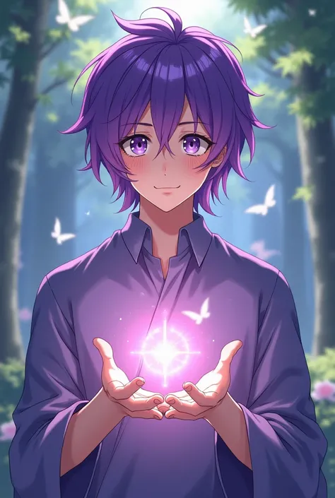 Anime illustration of a man with purple hair that looks like he can heal her